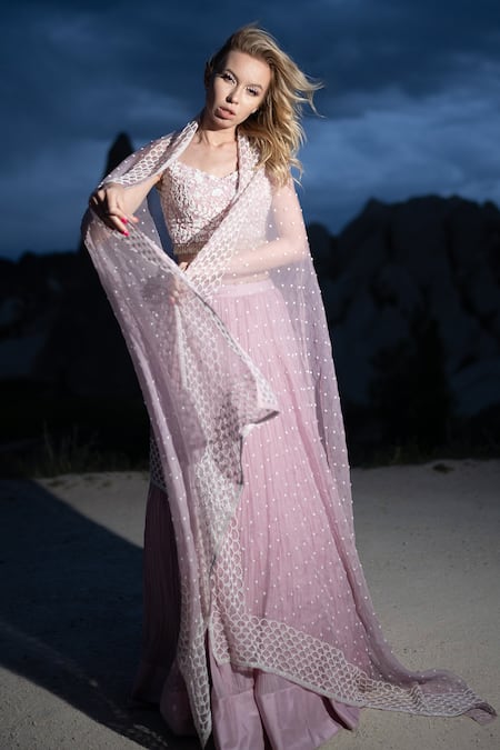 Shop COUTURE BY NIHARIKA Purple Organza, Viscose Embroidery V-neck Gathered Lehenga And Blouse Set at Aza Fashions Shop_COUTURE BY NIHARIKA_Purple Organza, Viscose Embroidery V-neck Gathered Lehenga And Blouse Set _at_Aza_Fashions