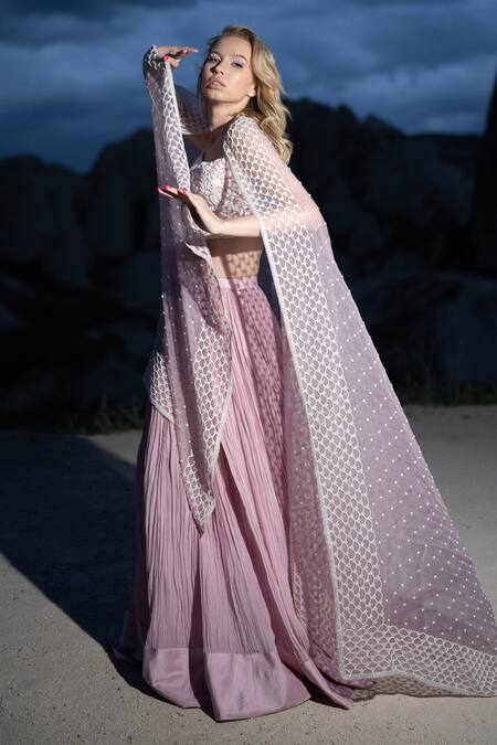 COUTURE BY NIHARIKA Purple Organza, Viscose Embroidery V-neck Gathered Lehenga And Blouse Set Online at Aza Fashions COUTURE BY NIHARIKA_Purple Organza, Viscose Embroidery V-neck Gathered Lehenga And Blouse Set _Online_at_Aza_Fashions