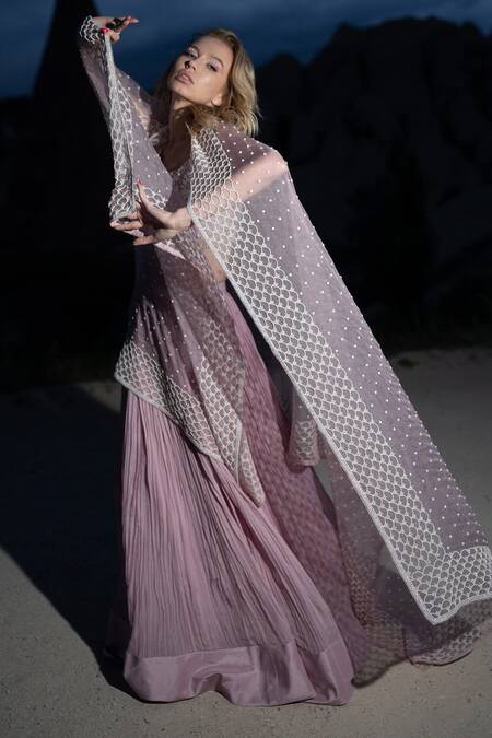 Buy COUTURE BY NIHARIKA Purple Organza, Viscose Embroidery V-neck Gathered Lehenga And Blouse Set Online at Aza Fashions Buy_COUTURE BY NIHARIKA_Purple Organza, Viscose Embroidery V-neck Gathered Lehenga And Blouse Set _Online_at_Aza_Fashions