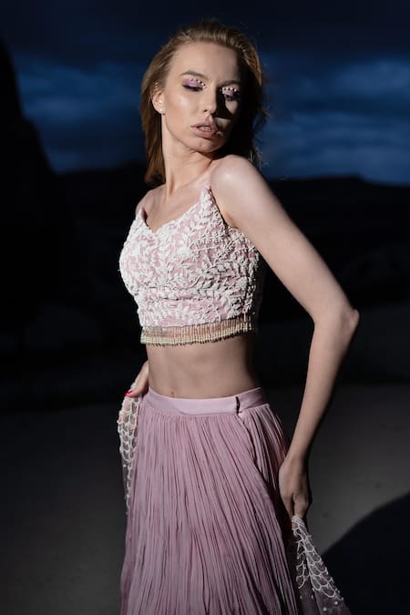 Shop COUTURE BY NIHARIKA Purple Organza, Viscose Embroidery V-neck Gathered Lehenga And Blouse Set Online at Aza Fashions Shop_COUTURE BY NIHARIKA_Purple Organza, Viscose Embroidery V-neck Gathered Lehenga And Blouse Set _Online_at_Aza_Fashions