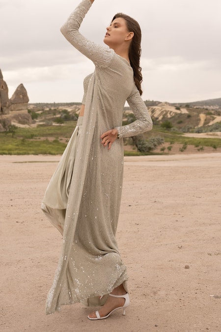 Shop COUTURE BY NIHARIKA Silver Organza, Satin, Viscose Sequins, Beads Open Embroidered Jacket Skirt Set at Aza Fashions Shop_COUTURE BY NIHARIKA_Silver Organza, Satin, Viscose Sequins, Beads Open Embroidered Jacket Skirt Set _at_Aza_Fashions