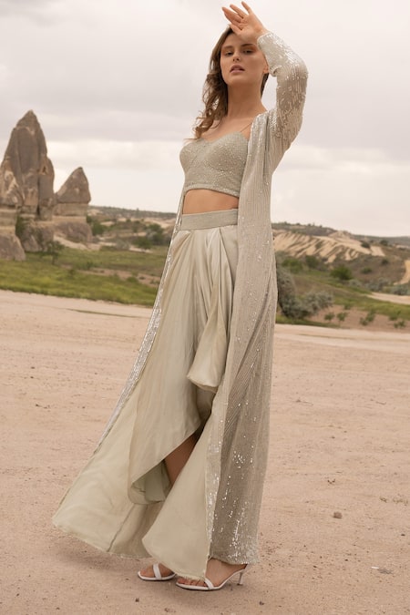 Buy COUTURE BY NIHARIKA Silver Organza, Satin, Viscose Sequins, Beads Open Embroidered Jacket Skirt Set Online at Aza Fashions Buy_COUTURE BY NIHARIKA_Silver Organza, Satin, Viscose Sequins, Beads Open Embroidered Jacket Skirt Set _Online_at_Aza_Fashions