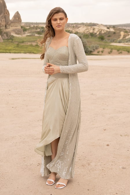 Shop COUTURE BY NIHARIKA Silver Organza, Satin, Viscose Sequins, Beads Open Embroidered Jacket Skirt Set Online at Aza Fashions Shop_COUTURE BY NIHARIKA_Silver Organza, Satin, Viscose Sequins, Beads Open Embroidered Jacket Skirt Set _Online_at_Aza_Fashions