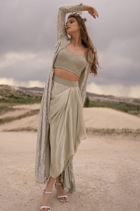 COUTURE BY NIHARIKA Silver Organza, Satin, Viscose Sequins, Beads Open Embroidered Jacket Skirt Set at Aza Fashions COUTURE BY NIHARIKA_Silver Organza, Satin, Viscose Sequins, Beads Open Embroidered Jacket Skirt Set _at_Aza_Fashions