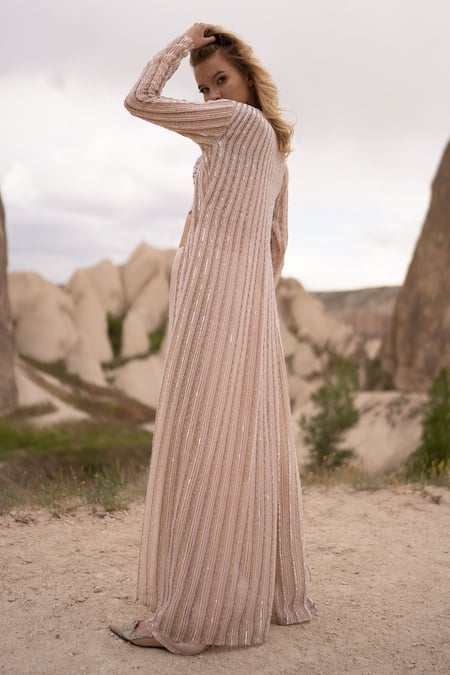 Shop_COUTURE BY NIHARIKA_Peach Organza, Viscose Sequins, Beads, Cut And Cutdana Embroidered Jacket Pant Set _at_Aza_Fashions