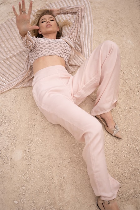 COUTURE BY NIHARIKA_Peach Organza, Viscose Sequins, Beads, Cut And Cutdana Embroidered Jacket Pant Set _at_Aza_Fashions