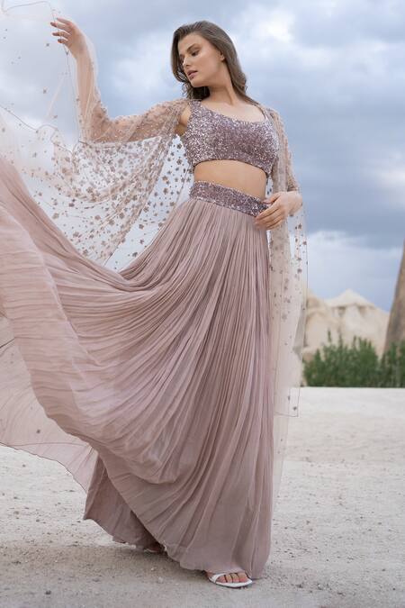 COUTURE BY NIHARIKA Purple Viscose, Net Sequins Scoop Neck Floral Embroidered Cape And Lehenga Set Online at Aza Fashions COUTURE BY NIHARIKA_Purple Viscose, Net Sequins Scoop Neck Floral Embroidered Cape And Lehenga Set _Online_at_Aza_Fashions