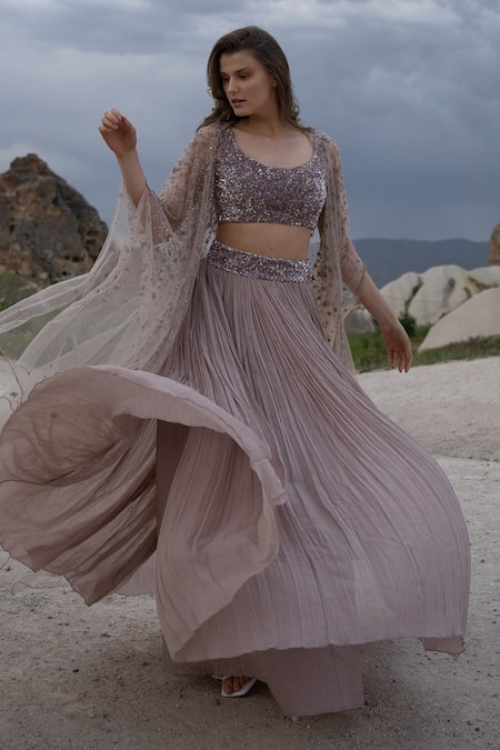 Buy COUTURE BY NIHARIKA Purple Viscose, Net Sequins Scoop Neck Floral Embroidered Cape And Lehenga Set Online at Aza Fashions Buy_COUTURE BY NIHARIKA_Purple Viscose, Net Sequins Scoop Neck Floral Embroidered Cape And Lehenga Set _Online_at_Aza_Fashions