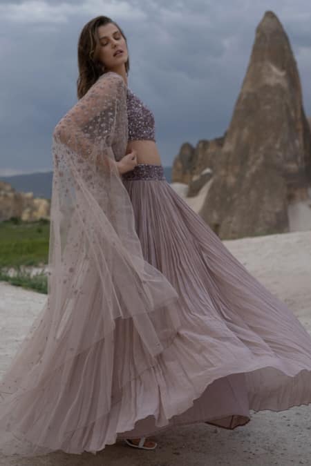 Shop COUTURE BY NIHARIKA Purple Viscose, Net Sequins Scoop Neck Floral Embroidered Cape And Lehenga Set Online at Aza Fashions Shop_COUTURE BY NIHARIKA_Purple Viscose, Net Sequins Scoop Neck Floral Embroidered Cape And Lehenga Set _Online_at_Aza_Fashions