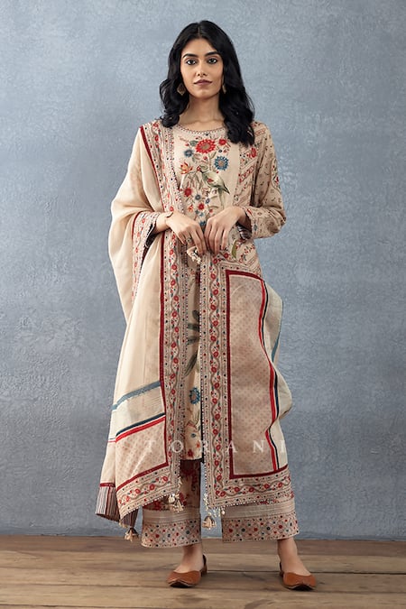 Torani_Beige Cotton, Silk Embroidery, Tassels Badami Abhidah Printed Kurta Pant Set _at_Aza_Fashions