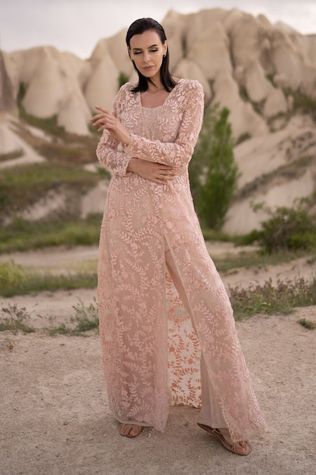 COUTURE BY NIHARIKA Peach Organza, Viscose Embroidery Scoop Neck, Open Hand Floral Jacket Pant Set at Aza Fashions COUTURE BY NIHARIKA_Peach Organza, Viscose Embroidery Scoop Neck, Open Hand Floral Jacket Pant Set _at_Aza_Fashions