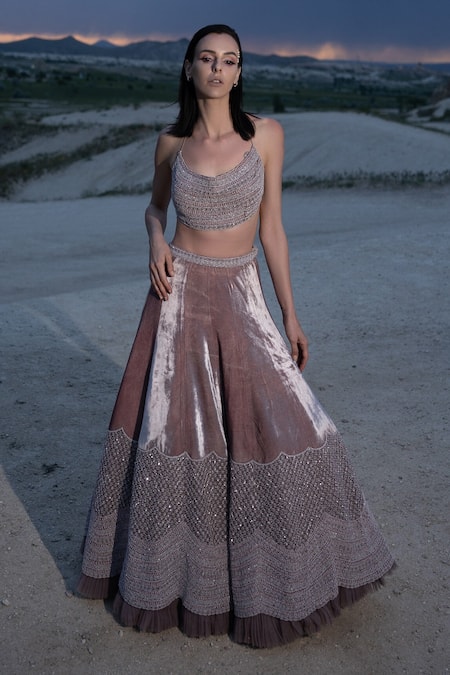 Shop COUTURE BY NIHARIKA Purple Velvet, Organza, Net Sequins, Placement Hand Embroidered Lehenga Set Online at Aza Fashions Shop_COUTURE BY NIHARIKA_Purple Velvet, Organza, Net Sequins, Placement Hand Embroidered Lehenga Set _Online_at_Aza_Fashions