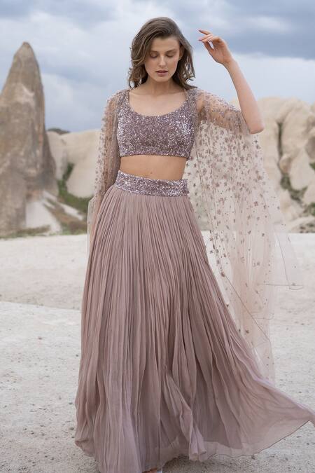 COUTURE BY NIHARIKA Purple Viscose, Net Sequins Scoop Neck Floral Embroidered Cape And Lehenga Set at Aza Fashions COUTURE BY NIHARIKA_Purple Viscose, Net Sequins Scoop Neck Floral Embroidered Cape And Lehenga Set _at_Aza_Fashions