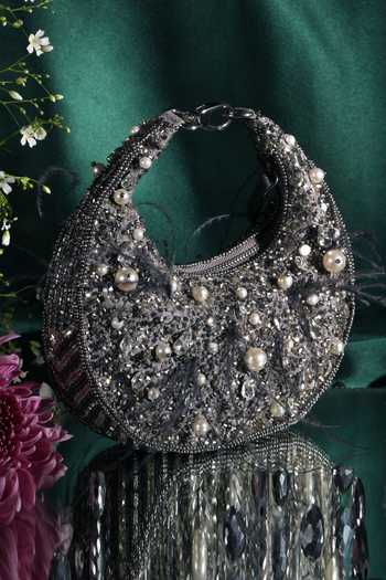Ricammo_Grey Embellished Feather Half Moon Bag_Online_at_Aza_Fashions