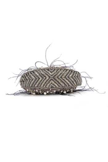 Buy_Ricammo_Grey Embellished Feather Half Moon Bag_Online_at_Aza_Fashions