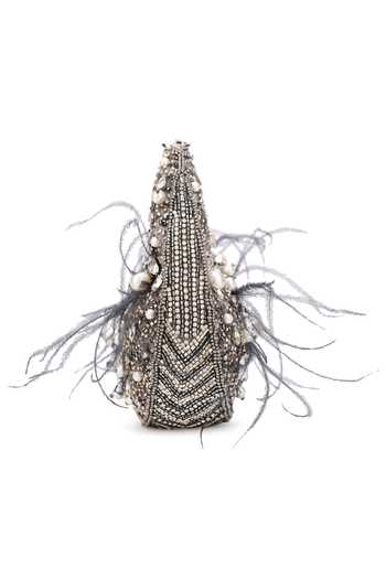 Shop_Ricammo_Grey Embellished Feather Half Moon Bag_Online_at_Aza_Fashions