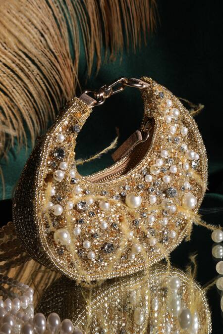 Ricammo_Gold Embellished Pearl Half Moon Bag_Online_at_Aza_Fashions