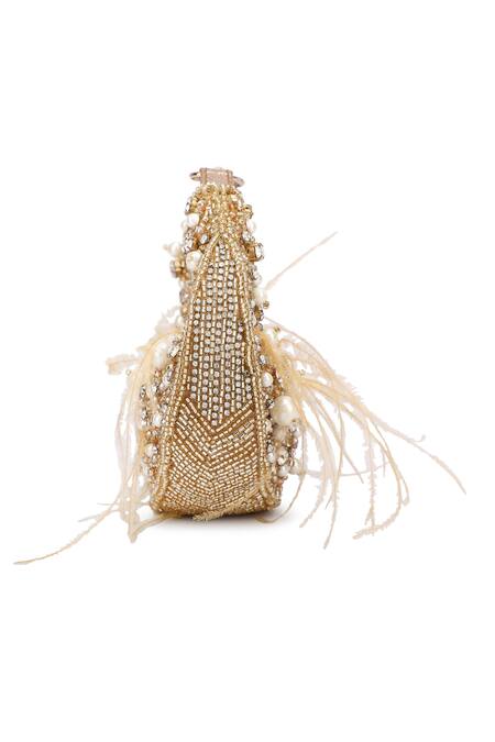 Ricammo Gold Embellished Pearl Half Moon Bag at Aza Fashions Ricammo_Gold Embellished Pearl Half Moon Bag_at_Aza_Fashions