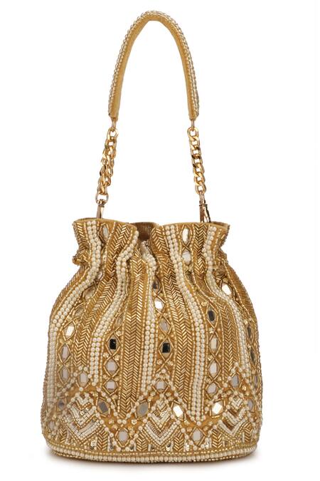 Shop_Ricammo_Gold Embellished Velvet Mirrorwork Potli_at_Aza_Fashions