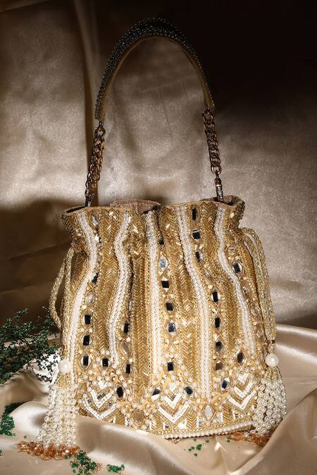 Ricammo_Gold Embellished Velvet Mirrorwork Potli_Online_at_Aza_Fashions