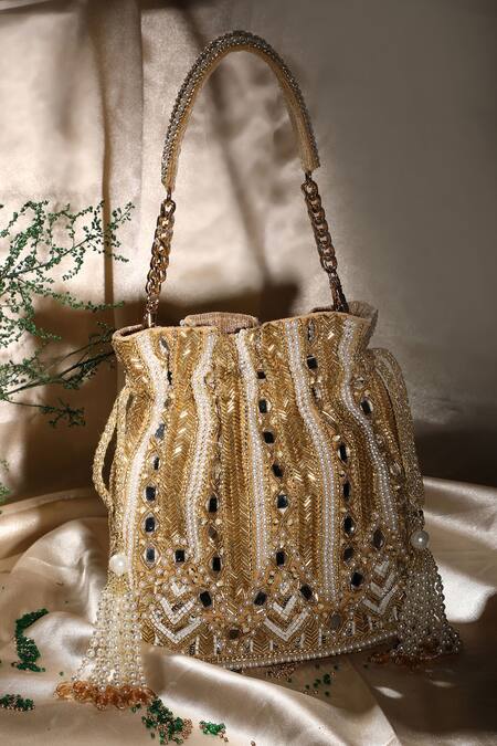 Buy_Ricammo_Gold Embellished Velvet Mirrorwork Potli_Online_at_Aza_Fashions