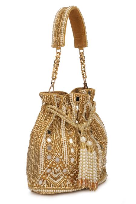 Shop_Ricammo_Gold Embellished Velvet Mirrorwork Potli_Online_at_Aza_Fashions