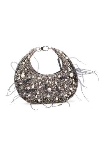 Ricammo_Grey Embellished Feather Half Moon Bag_at_Aza_Fashions