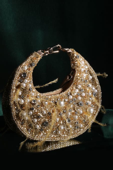 RICAMMO Gold Embellished Pearl Half Moon Bag