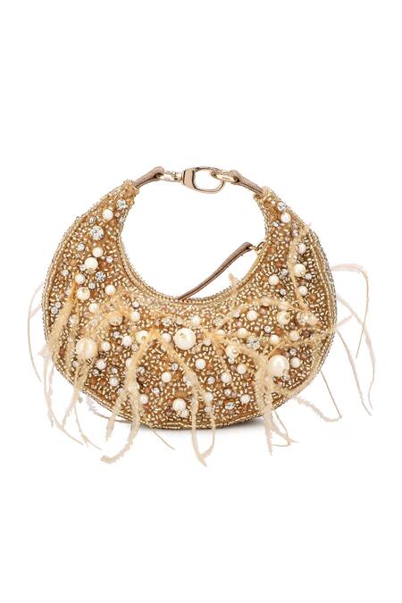 Buy Ricammo Gold Embellished Pearl Half Moon Bag Buy_Ricammo_Gold Embellished Pearl Half Moon Bag