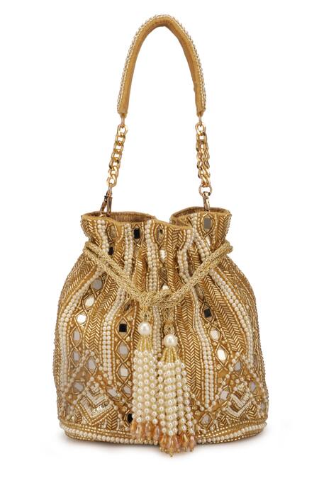 Ricammo_Gold Embellished Velvet Mirrorwork Potli_at_Aza_Fashions