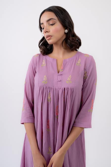 Shop_Avaasya Jaipur_Purple Cotton Embroidery Split V-neck Floral Gathered Kurta Pant Set _Online_at_Aza_Fashions