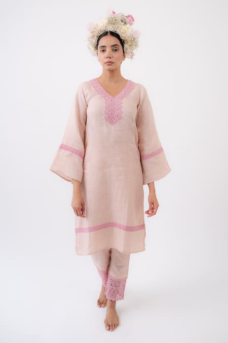 Buy_Avaasya Jaipur_Pink Linen Lace V-neck Crochet Kurta And Pant Set _Online_at_Aza_Fashions