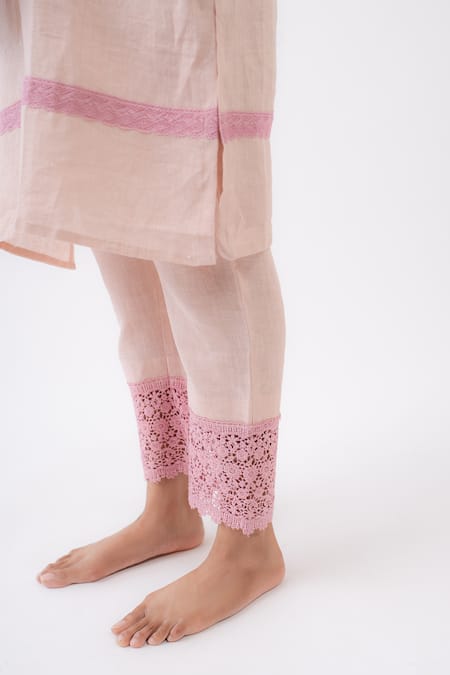 Shop_Avaasya Jaipur_Pink Linen Lace V-neck Crochet Kurta And Pant Set _Online_at_Aza_Fashions