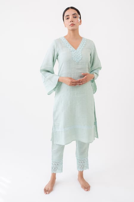 Avaasya Jaipur Blue Linen Lace V Neck Kurta And Pant Set 