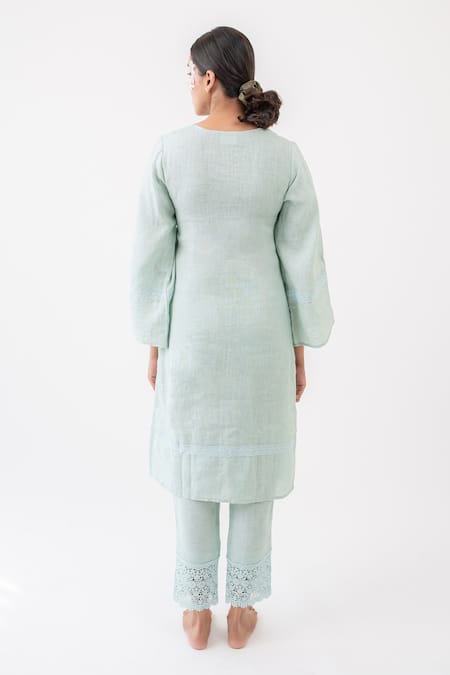 Shop_Avaasya Jaipur_Blue Linen Lace V Neck Kurta And Pant Set  _at_Aza_Fashions