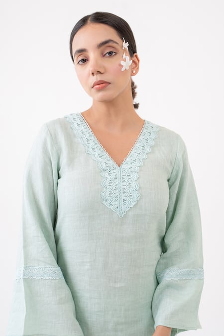 Buy_Avaasya Jaipur_Blue Linen Lace V Neck Kurta And Pant Set  _Online_at_Aza_Fashions
