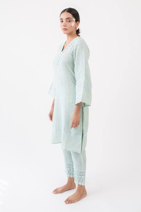 Shop_Avaasya Jaipur_Blue Linen Lace V Neck Kurta And Pant Set  _Online_at_Aza_Fashions
