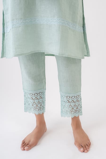 Avaasya Jaipur_Blue Linen Lace V Neck Kurta And Pant Set  _at_Aza_Fashions