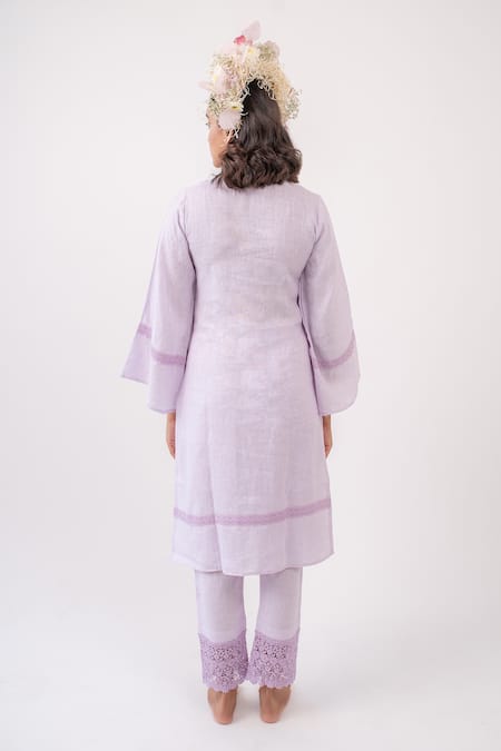 Shop_Avaasya Jaipur_Purple Linen Lace V Neck Kurta And Pant Set _at_Aza_Fashions