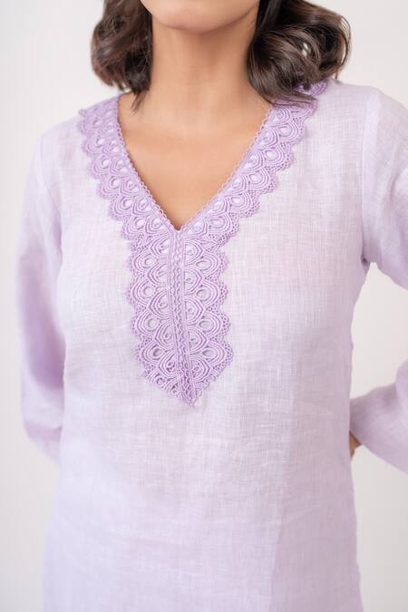 Avaasya Jaipur_Purple Linen Lace V Neck Kurta And Pant Set _Online_at_Aza_Fashions