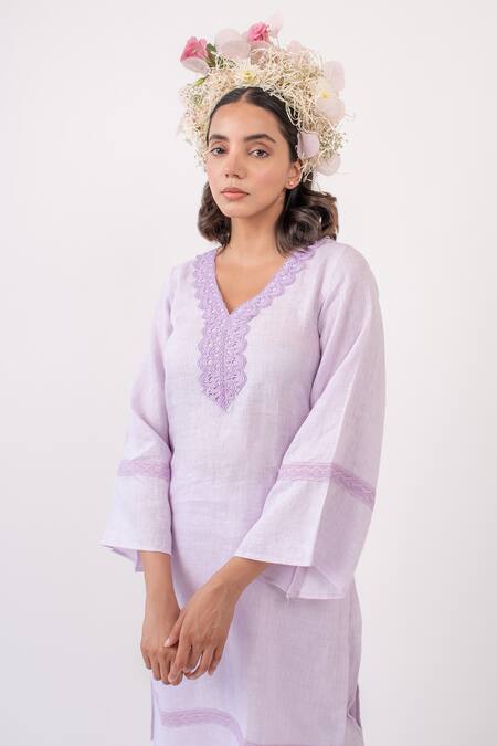 Shop_Avaasya Jaipur_Purple Linen Lace V Neck Kurta And Pant Set _Online_at_Aza_Fashions