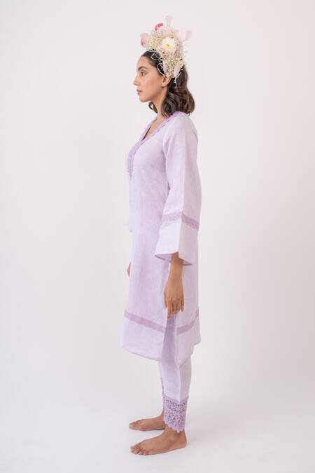Avaasya Jaipur_Purple Linen Lace V Neck Kurta And Pant Set _at_Aza_Fashions