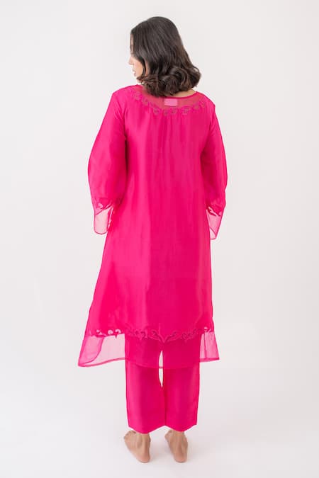 Shop_Avaasya Jaipur_Pink Upada Silk Embroidered Applique Notched Kurta And Pant Set  _at_Aza_Fashions