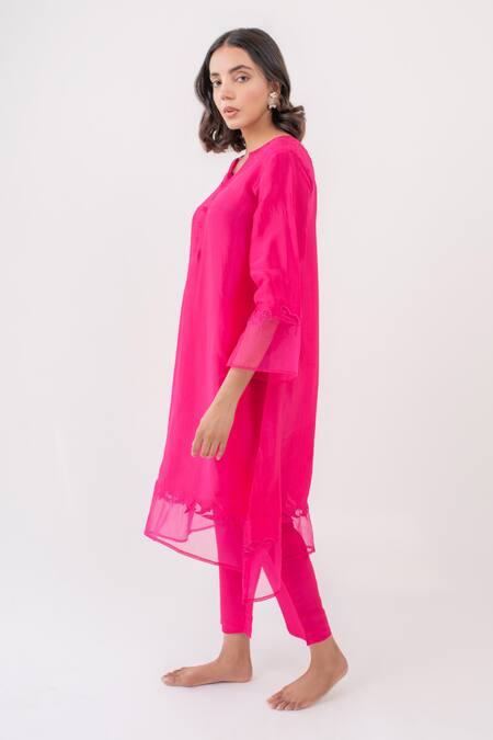 Shop_Avaasya Jaipur_Pink Upada Silk Embroidered Applique Notched Kurta And Pant Set  _Online_at_Aza_Fashions