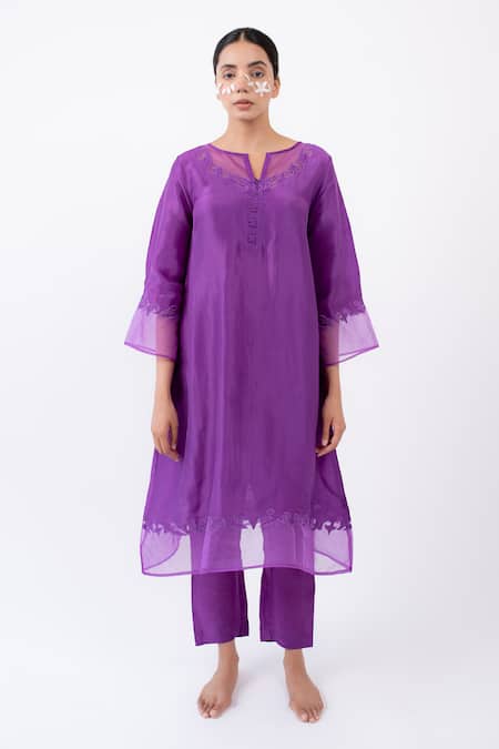 Shop_Avaasya Jaipur_Purple Silk Embroidery Split V-neck Upada Appliqued Kurta And Pant Set _Online_at_Aza_Fashions