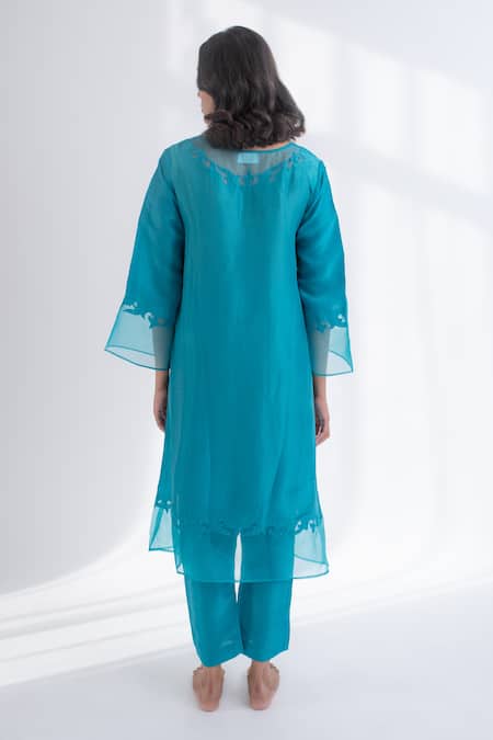 Avaasya Jaipur Teal Blue Applique Embroidered Kurta Set 