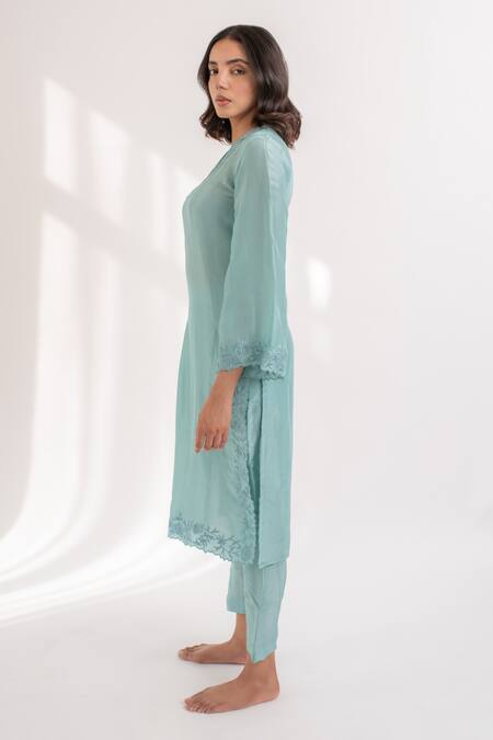 Shop_Avaasya Jaipur_Blue Silk Embroidery V-neck Upada Kurta And Pant Set _Online_at_Aza_Fashions