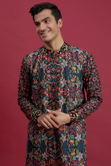 Buy_Rabani & Rakha_Black Georgette, Satin, Embroidery Resham Kurta With Pant _Online_at_Aza_Fashions