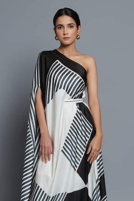 Vedika M_Black Satin One Shoulder Printed Draped Kaftan _Online_at_Aza_Fashions