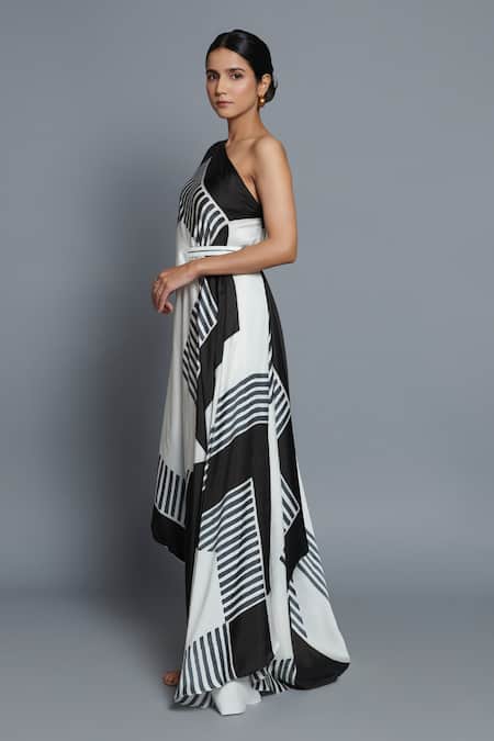 Buy_Vedika M_Black Satin One Shoulder Printed Draped Kaftan _Online_at_Aza_Fashions